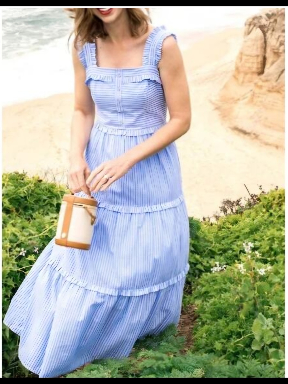 Light Blue Striped Tiered Sleeveless Ruffle Trim Sundress Cotton Comfy And Flowy